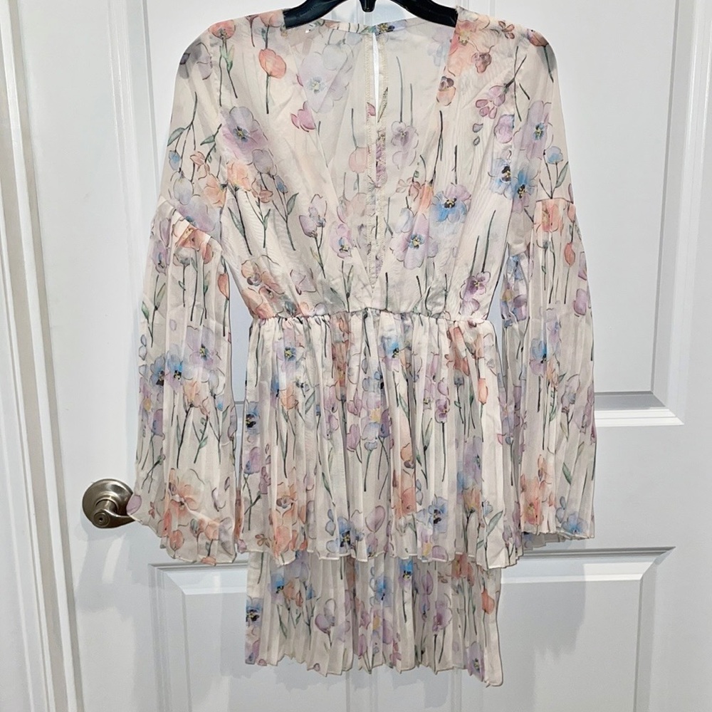 Shein Plunging Neck Floral Bell Sleeve Mini Dress - Picture 2 of 12